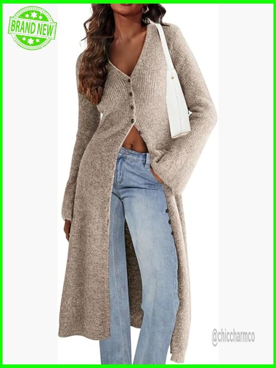 Sweaters - Long Bell Sleeve Cardigan Sweater Dress V-Neck Button Down Midi Duster